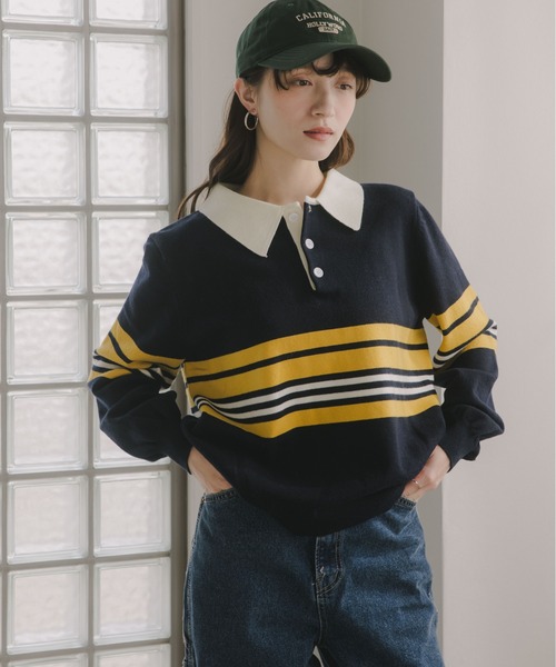 210nouve(トゥージュヌーブ)の「マルチボーダー ポロ襟 ニット(ニット/セーター・レディース・ブルー/グレー/イエロー・FREE)」の8枚目の写真