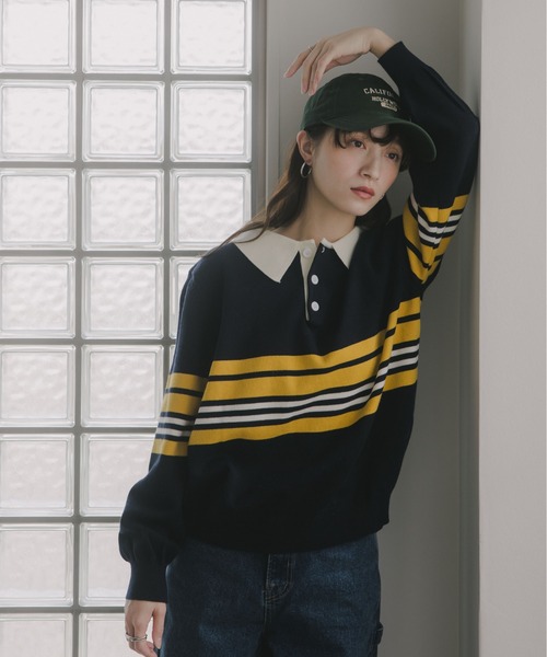 210nouve(トゥージュヌーブ)の「マルチボーダー ポロ襟 ニット(ニット/セーター・レディース・ブルー/グレー/イエロー・FREE)」の19枚目の写真