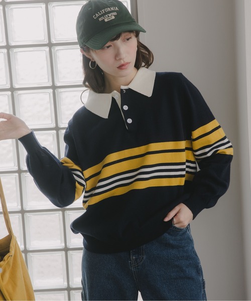 210nouve(トゥージュヌーブ)の「マルチボーダー ポロ襟 ニット(ニット/セーター・レディース・ブルー/グレー/イエロー・FREE)」の17枚目の写真