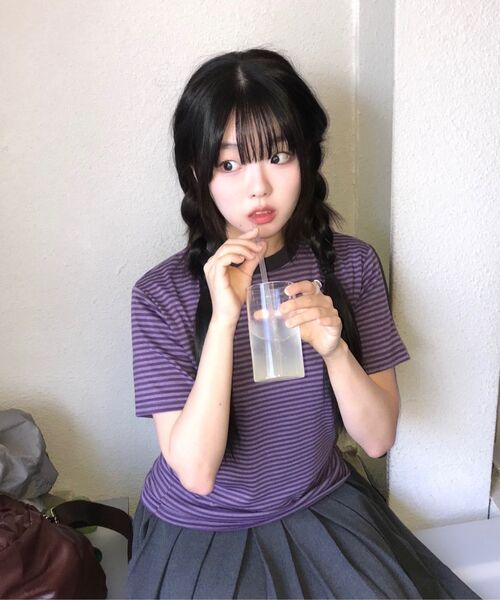 SLOW RECORD HOUSE(スローレコードハウス)の「ストライプ半袖Tシャツ_パープル(Tシャツ/カットソー・レディース・その他・LARGE/SMALL/MEDIUM)」の2枚目の写真