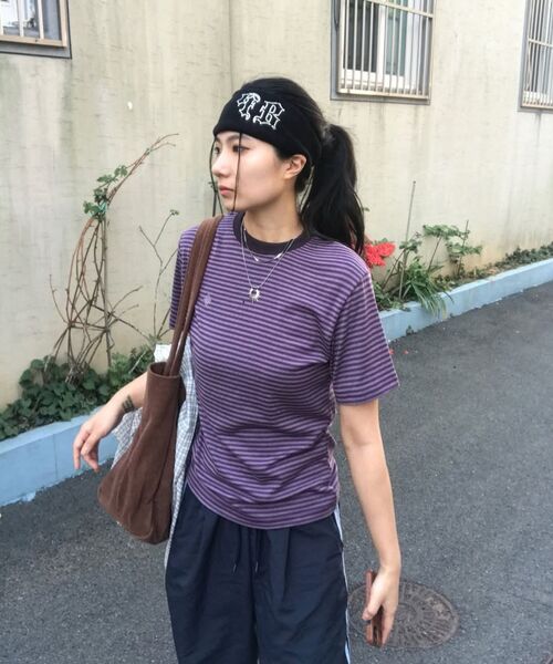 SLOW RECORD HOUSE(スローレコードハウス)の「ストライプ半袖Tシャツ_パープル(Tシャツ/カットソー・レディース・その他・LARGE/SMALL/MEDIUM)」の4枚目の写真