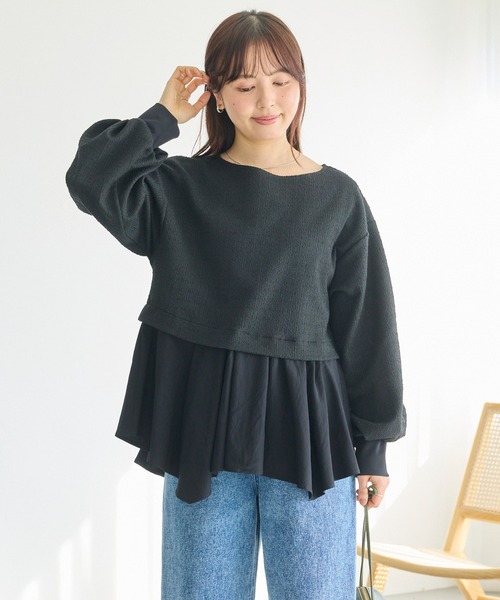 LAVEANGE(ラビアンジェ)の「【洗える】カットツイード異素材プルオーバー│大人フェミニン/ペプラム/着痩せ/オフィスカジュアル/きれいめ/体型カバー(Tシャツ/カットソー・レディース・オフホワイト/ブラック・LL/3L/M/4L/5L)」の12枚目の写真