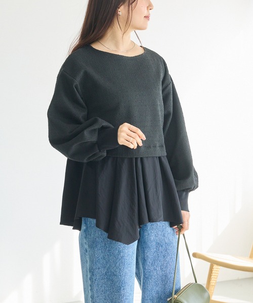 LAVEANGE(ラビアンジェ)の「【洗える】カットツイード異素材プルオーバー│大人フェミニン/ペプラム/着痩せ/オフィスカジュアル/きれいめ/体型カバー(Tシャツ/カットソー・レディース・オフホワイト/ブラック・LL/3L/M/4L/5L)」の13枚目の写真