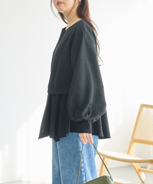 LAVEANGE(ラビアンジェ)の「【洗える】カットツイード異素材プルオーバー│大人フェミニン/ペプラム/着痩せ/オフィスカジュアル/きれいめ/体型カバー(Tシャツ/カットソー・レディース・オフホワイト/ブラック・LL/3L/M/4L/5L)」の14枚目の写真