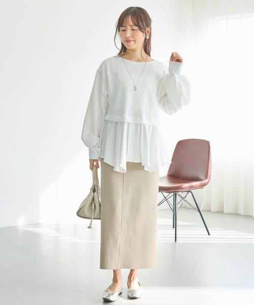 LAVEANGE(ラビアンジェ)の「【洗える】カットツイード異素材プルオーバー│大人フェミニン/ペプラム/着痩せ/オフィスカジュアル/きれいめ/体型カバー(Tシャツ/カットソー・レディース・オフホワイト/ブラック・LL/3L/M/4L/5L)」の8枚目の写真