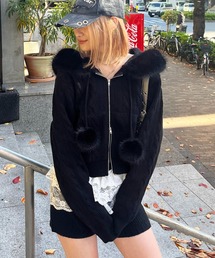 SPIRALGIRL | ぽんぽん付きケーブル編みニットショートパーカー(パーカー)