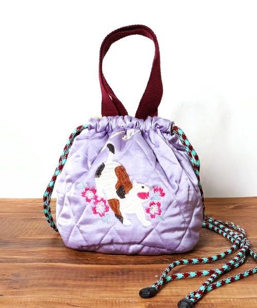 HOUSTON(ヒューストン)の「HOUSTON woman ヒューストン ウーマン CAT ALASKA EMB QUILTING EFECT BAG 猫 ネコ 龍 アラスカ 動物 刺繍 キルティング エフェクトバッグ 巾着バッグ(ショルダーバッグ・レディース・ラベンダー/ピンク/レッド/オリーブ/イエロー/ネイビー・FREE)」の5枚目の写真