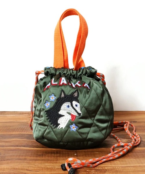 HOUSTON(ヒューストン)の「HOUSTON woman ヒューストン ウーマン CAT ALASKA EMB QUILTING EFECT BAG 猫 ネコ 龍 アラスカ 動物 刺繍 キルティング エフェクトバッグ 巾着バッグ(ショルダーバッグ・レディース・ラベンダー/ピンク/レッド/オリーブ/イエロー/ネイビー・FREE)」の3枚目の写真