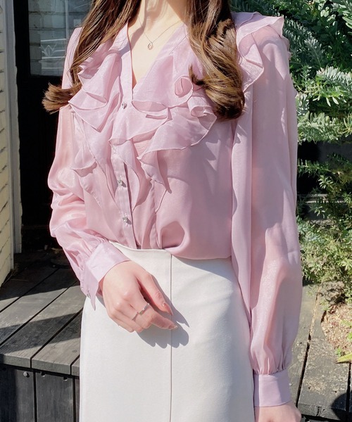 INGNI（イング）の「装飾ボタンフリルシアーブラウス（シャツ/ブラウス・レディース・オフホワイト/ブルー系/ピンク・M）」の18枚目の写真