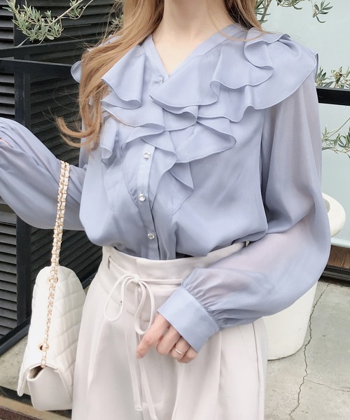 INGNI（イング）の「装飾ボタンフリルシアーブラウス（シャツ/ブラウス・レディース・オフホワイト/ブルー系/ピンク・M）」の12枚目の写真