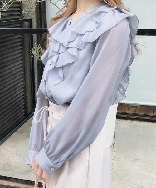 INGNI（イング）の「装飾ボタンフリルシアーブラウス（シャツ/ブラウス・レディース・オフホワイト/ブルー系/ピンク・M）」の13枚目の写真