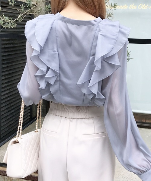 INGNI（イング）の「装飾ボタンフリルシアーブラウス（シャツ/ブラウス・レディース・オフホワイト/ブルー系/ピンク・M）」の14枚目の写真