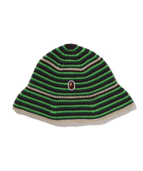 A BATHING APE(アベイシングエイプ)の「APE HEAD ONE POINT STRIPE KNIT HAT(ハット・メンズ・ブルー/ブラック/グリーン・FREE)」の1枚目の写真
