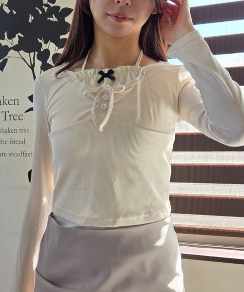 ｔｏｌｅｎｅ（トレネ）の「レイヤード風 リボン レースアップ タイト 長袖カットソー（Tシャツ/カットソー・レディース・ライトベージュ/ライトピンク・FREE）」の2枚目の写真