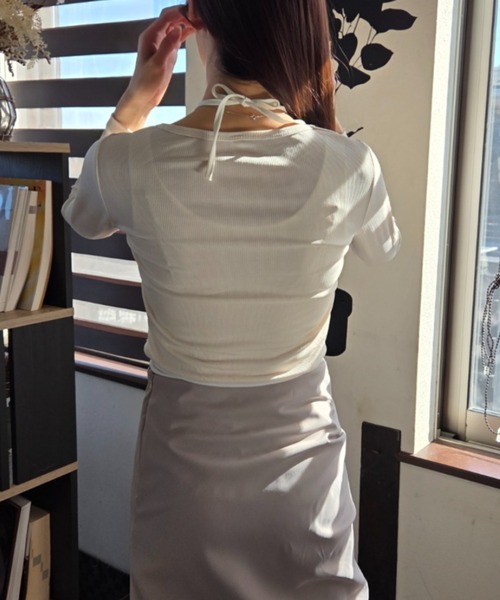 ｔｏｌｅｎｅ（トレネ）の「レイヤード風 リボン レースアップ タイト 長袖カットソー（Tシャツ/カットソー・レディース・ライトベージュ/ライトピンク・FREE）」の3枚目の写真
