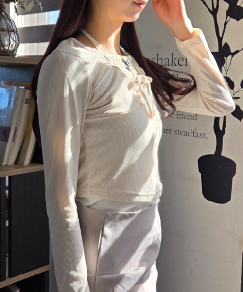 ｔｏｌｅｎｅ（トレネ）の「レイヤード風 リボン レースアップ タイト 長袖カットソー（Tシャツ/カットソー・レディース・ライトベージュ/ライトピンク・FREE）」の5枚目の写真