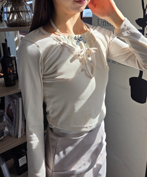 ｔｏｌｅｎｅ（トレネ）の「レイヤード風 リボン レースアップ タイト 長袖カットソー（Tシャツ/カットソー・レディース・ライトベージュ/ライトピンク・FREE）」の8枚目の写真