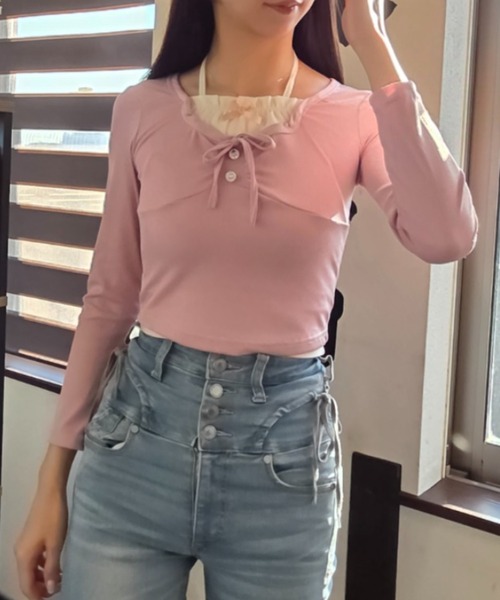 ｔｏｌｅｎｅ（トレネ）の「レイヤード風 リボン レースアップ タイト 長袖カットソー（Tシャツ/カットソー・レディース・ライトベージュ/ライトピンク・FREE）」の18枚目の写真