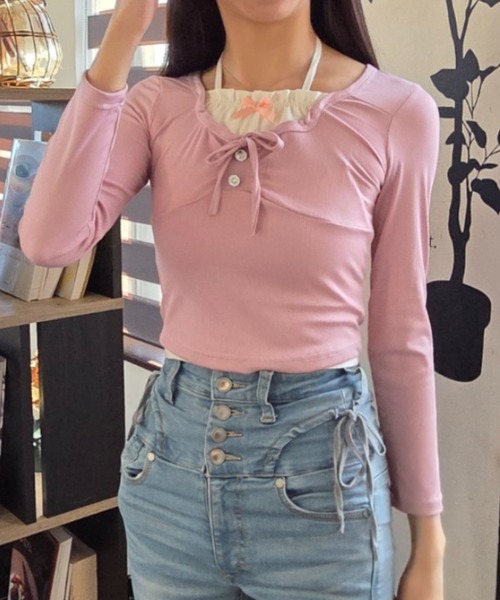 ｔｏｌｅｎｅ（トレネ）の「レイヤード風 リボン レースアップ タイト 長袖カットソー（Tシャツ/カットソー・レディース・ライトベージュ/ライトピンク・FREE）」の19枚目の写真