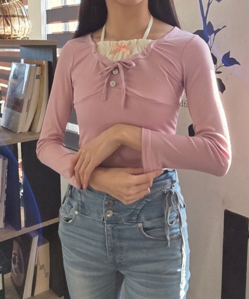 ｔｏｌｅｎｅ（トレネ）の「レイヤード風 リボン レースアップ タイト 長袖カットソー（Tシャツ/カットソー・レディース・ライトベージュ/ライトピンク・FREE）」の20枚目の写真