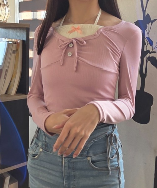 ｔｏｌｅｎｅ（トレネ）の「レイヤード風 リボン レースアップ タイト 長袖カットソー（Tシャツ/カットソー・レディース・ライトベージュ/ライトピンク・FREE）」の15枚目の写真
