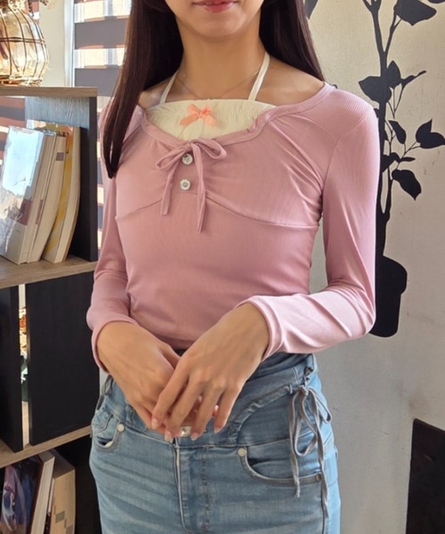 ｔｏｌｅｎｅ（トレネ）の「レイヤード風 リボン レースアップ タイト 長袖カットソー（Tシャツ/カットソー・レディース・ライトベージュ/ライトピンク・FREE）」の13枚目の写真