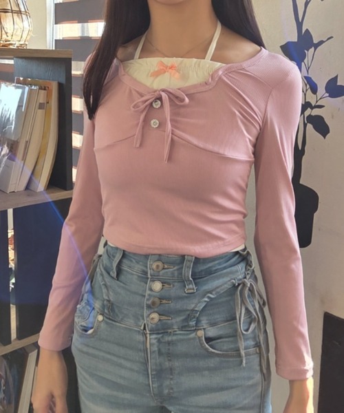 ｔｏｌｅｎｅ（トレネ）の「レイヤード風 リボン レースアップ タイト 長袖カットソー（Tシャツ/カットソー・レディース・ライトベージュ/ライトピンク・FREE）」の14枚目の写真