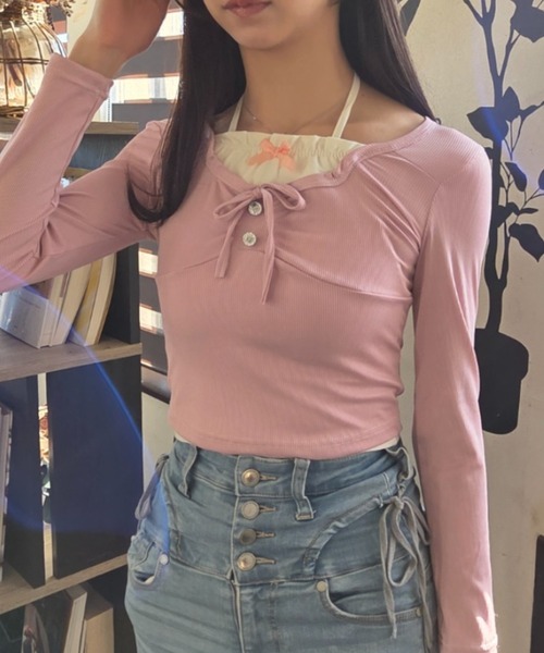 ｔｏｌｅｎｅ（トレネ）の「レイヤード風 リボン レースアップ タイト 長袖カットソー（Tシャツ/カットソー・レディース・ライトベージュ/ライトピンク・FREE）」の16枚目の写真