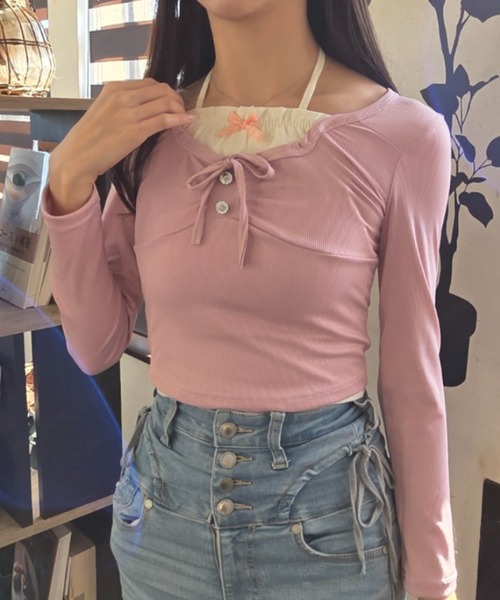 ｔｏｌｅｎｅ（トレネ）の「レイヤード風 リボン レースアップ タイト 長袖カットソー（Tシャツ/カットソー・レディース・ライトベージュ/ライトピンク・FREE）」の17枚目の写真