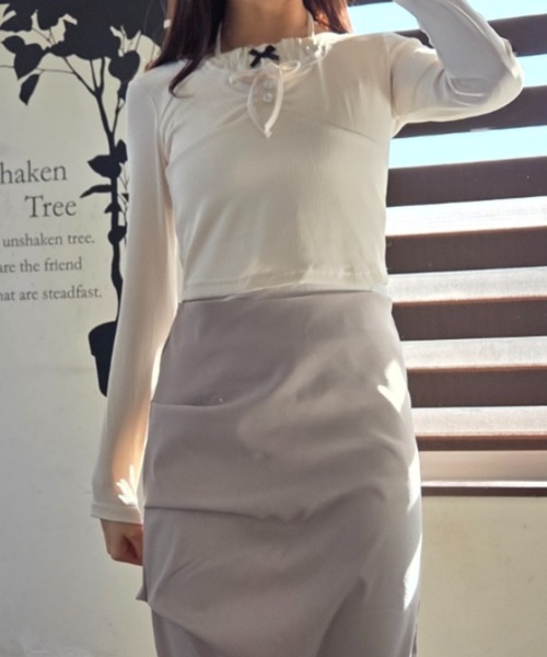 ｔｏｌｅｎｅ（トレネ）の「レイヤード風 リボン レースアップ タイト 長袖カットソー（Tシャツ/カットソー・レディース・ライトベージュ/ライトピンク・FREE）」の9枚目の写真