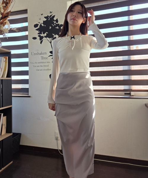 ｔｏｌｅｎｅ（トレネ）の「レイヤード風 リボン レースアップ タイト 長袖カットソー（Tシャツ/カットソー・レディース・ライトベージュ/ライトピンク・FREE）」の11枚目の写真