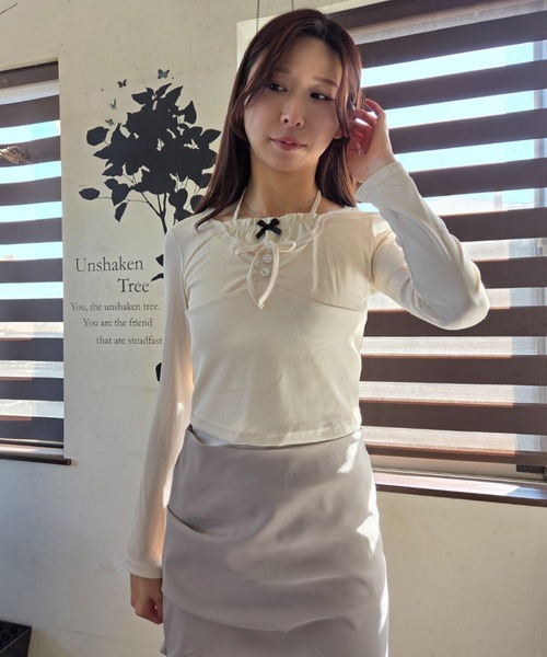 ｔｏｌｅｎｅ（トレネ）の「レイヤード風 リボン レースアップ タイト 長袖カットソー（Tシャツ/カットソー・レディース・ライトベージュ/ライトピンク・FREE）」の10枚目の写真