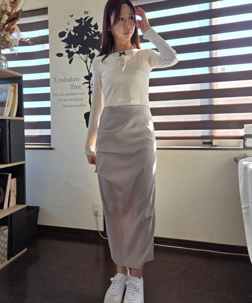 ｔｏｌｅｎｅ（トレネ）の「レイヤード風 リボン レースアップ タイト 長袖カットソー（Tシャツ/カットソー・レディース・ライトベージュ/ライトピンク・FREE）」の12枚目の写真
