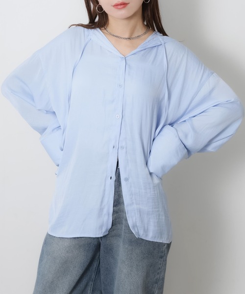 Riberry(リベリー)の「ワイドスリーブシアーフードオーバーシャツ(シャツ/ブラウス・レディース・ベージュ/オフホワイト/ブルー/ブラック・FREE)」の7枚目の写真