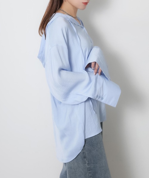 Riberry(リベリー)の「ワイドスリーブシアーフードオーバーシャツ(シャツ/ブラウス・レディース・ベージュ/オフホワイト/ブルー/ブラック・FREE)」の8枚目の写真