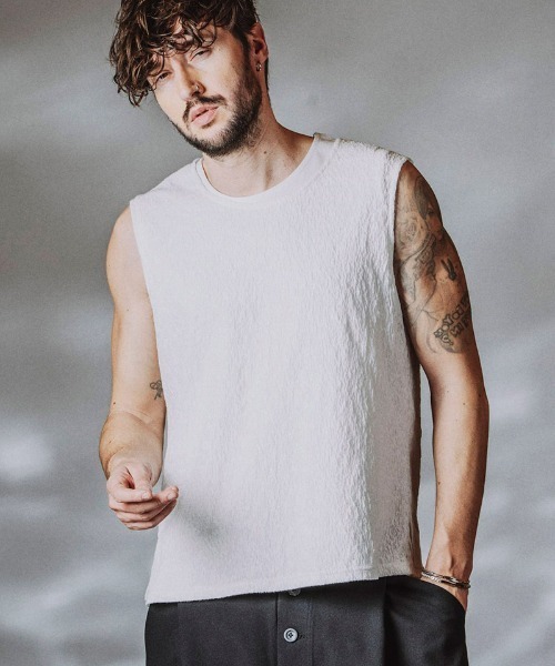 NO ID.（ノーアイディ）の「mta617- ｼｱｰﾚｲﾔｰﾄﾞｽﾘｰﾌﾞﾚｽPO Tシャツ(458006-463T)（タンクトップ・メンズ・グレー/ブラック/アイボリー・ONE SIZE）」の9枚目の写真