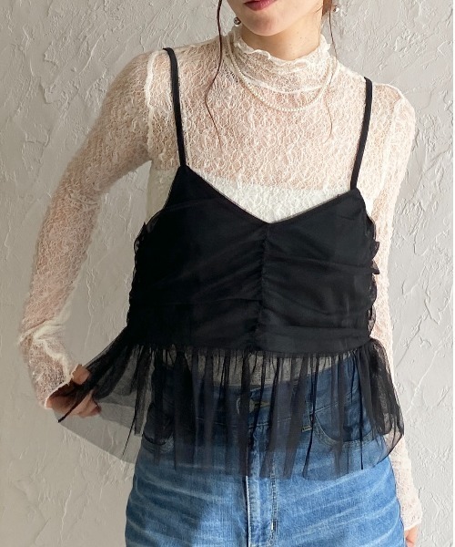 She's Closet(シーズクローゼット)の「シアーレイヤード ペプラムギャザー チュールキャミソール ビスチェ(ベスト・レディース・チャコールグレー/ブラック/アイボリー・FREE)」の3枚目の写真