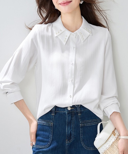 ONEP STAR(ワンピスター)の「パール調×織り模様デザインブラウス(シャツ/ブラウス・レディース・ホワイト・MEDIUM/LARGE/X-LARGE)」の7枚目の写真