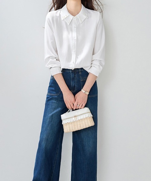 ONEP STAR(ワンピスター)の「パール調×織り模様デザインブラウス(シャツ/ブラウス・レディース・ホワイト・MEDIUM/LARGE/X-LARGE)」の9枚目の写真