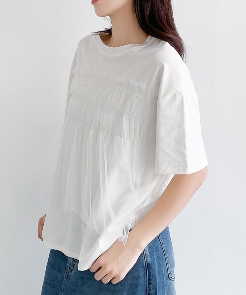 LOWO(ロワ)の「異素材ドッキングシャーリングペプラム半袖カットソー(Tシャツ/カットソー・レディース・チャコールグレー/ブラック/ホワイト・FREE)」の17枚目の写真