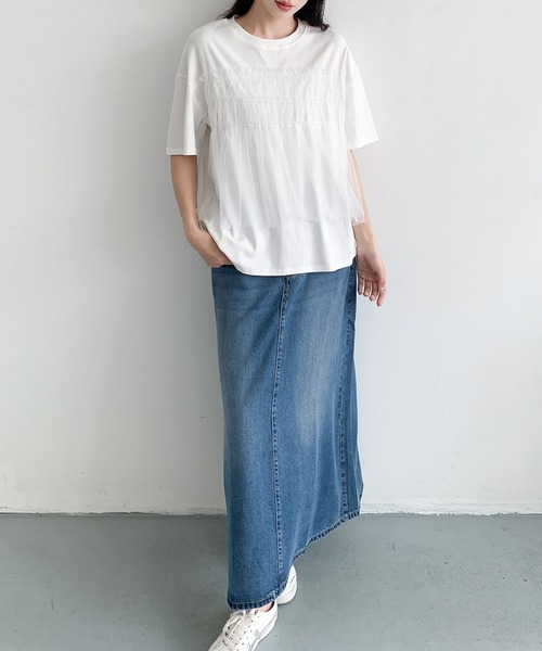 LOWO(ロワ)の「異素材ドッキングシャーリングペプラム半袖カットソー(Tシャツ/カットソー・レディース・チャコールグレー/ブラック/ホワイト・FREE)」の18枚目の写真