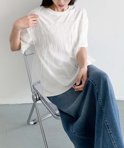 LOWO(ロワ)の「異素材ドッキングシャーリングペプラム半袖カットソー(Tシャツ/カットソー・レディース・チャコールグレー/ブラック/ホワイト・FREE)」の19枚目の写真