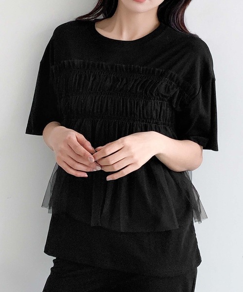 LOWO(ロワ)の「異素材ドッキングシャーリングペプラム半袖カットソー(Tシャツ/カットソー・レディース・チャコールグレー/ブラック/ホワイト・FREE)」の10枚目の写真