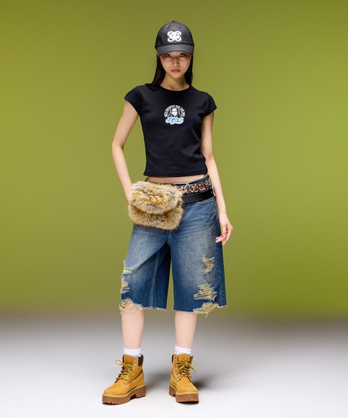 X-girl（エックスガール）の「EMBLEM POCKET DISTRESSED DENIM SHORTS（デニムパンツ・レディース・ブラック/ライトインディゴブルー・S/M）」の6枚目の写真