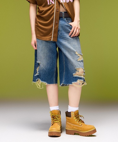 X-girl（エックスガール）の「EMBLEM POCKET DISTRESSED DENIM SHORTS（デニムパンツ・レディース・ブラック/ライトインディゴブルー・S/M）」の7枚目の写真