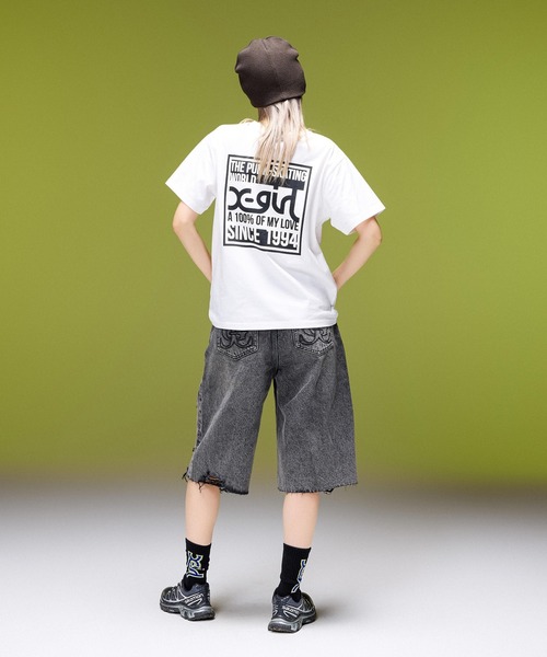 X-girl（エックスガール）の「EMBLEM POCKET DISTRESSED DENIM SHORTS（デニムパンツ・レディース・ブラック/ライトインディゴブルー・S/M）」の11枚目の写真
