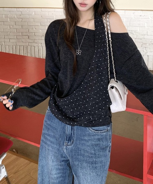 MEMECLE(メメクル)の「【 MEMECLE / メメクル 】ワンショル ドットレイヤード トップス(Tシャツ/カットソー・レディース・ブラウン/ダークグレー・MEDIUM/SMALL)」の5枚目の写真