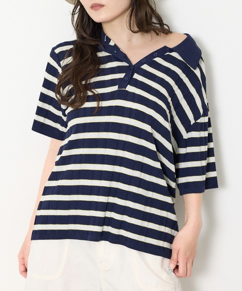 SLY(スライ)の「HG KNIT COLLAR TOPS ハイゲージニットカラートップス 春服 夏服 サマーニット(ニット/セーター・レディース・ブラック/ネイビー系/グレー系その他2・FREE)」の3枚目の写真