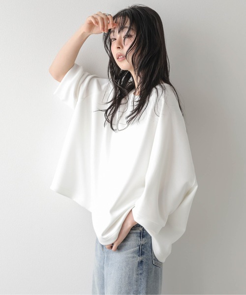 SUGAR BISKET(シュガービスケット)の「《裾ドロスト付》7分袖プルオーバー/アレンジ自在/体型カバー/伸縮生地/防シワ(Tシャツ/カットソー・レディース・グレー/ピンク/ホワイト/ブラック・フリー)」の5枚目の写真