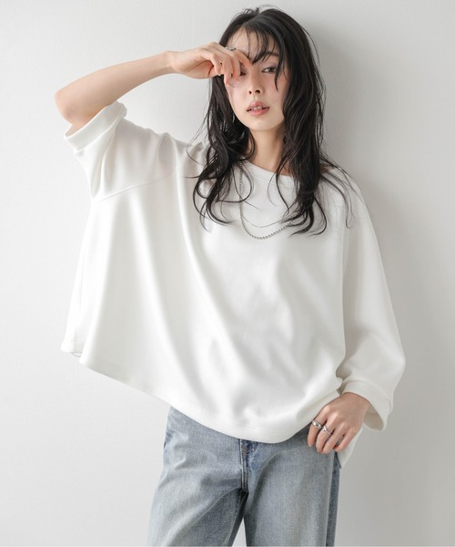 SUGAR BISKET(シュガービスケット)の「《裾ドロスト付》7分袖プルオーバー/アレンジ自在/体型カバー/伸縮生地/防シワ(Tシャツ/カットソー・レディース・グレー/ピンク/ホワイト/ブラック・フリー)」の7枚目の写真